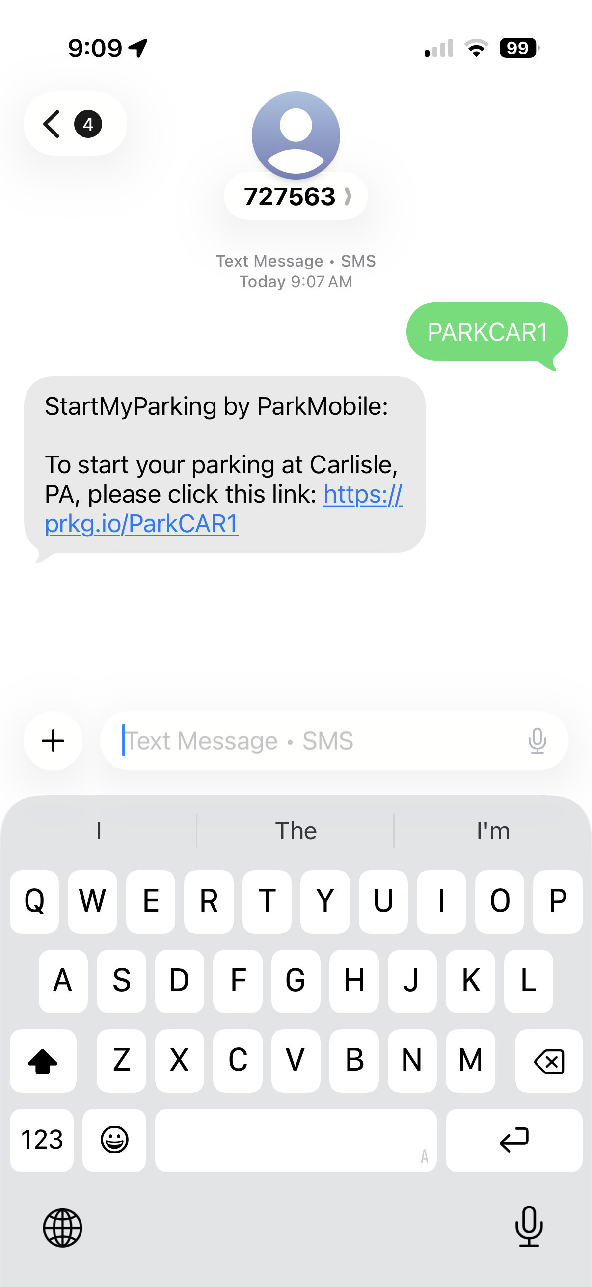 Screenshot of phone screen using text to park